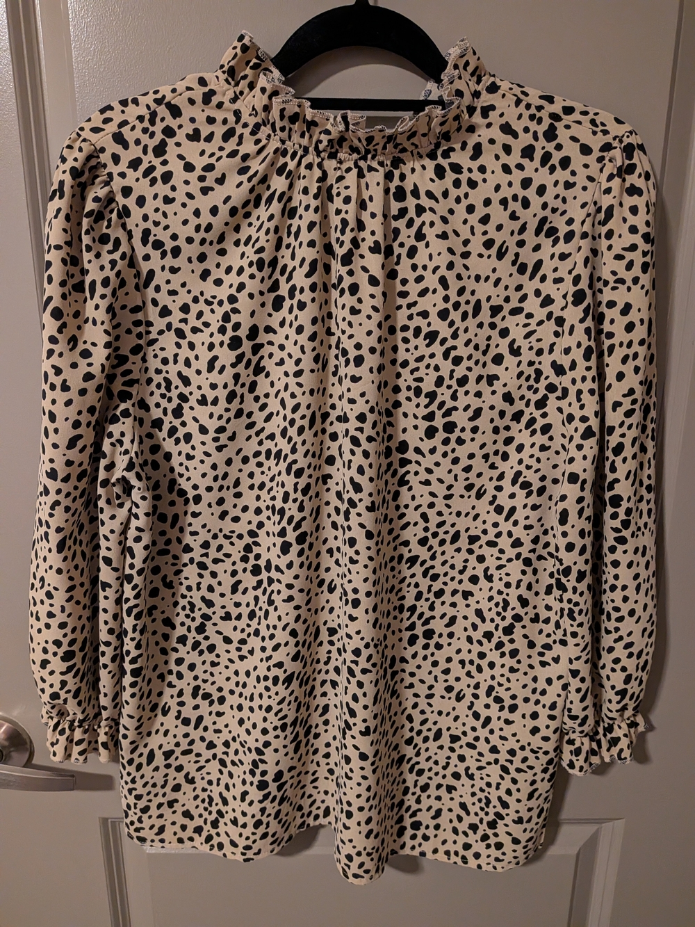 Cream and Black Spot Print Long Sleeve Blouse